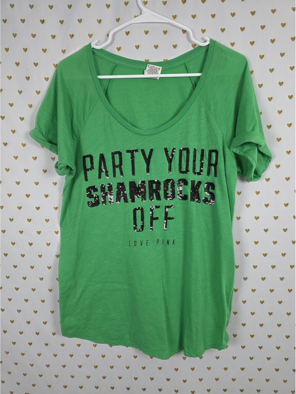 Victorias Secret PINK Bling Green PARTY YOUR SHAMROCKS OFF Tee shirt LARGE